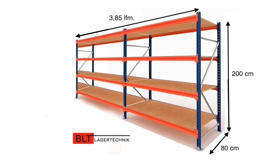 3,85 lfm Weitspannregale 80cm tief , 4 Ebenen, Werkstattregale , Lagerregale , Großfachregale , Handlager , Fachbodenregale